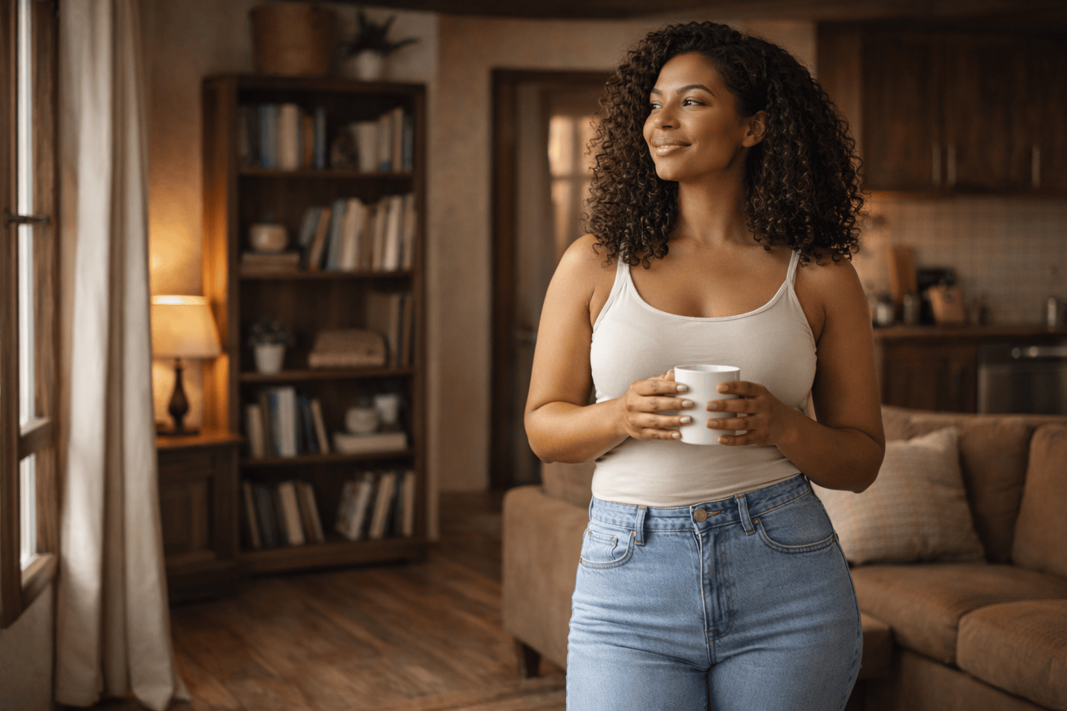 står i vardagsrummet och håller en kopp kaffe