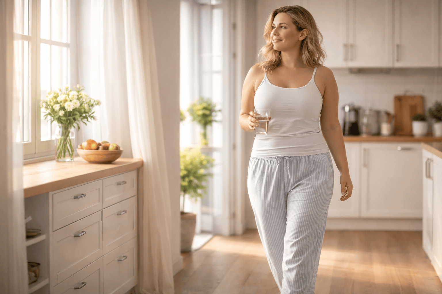 kvinna går i pyjamas i sitt kök