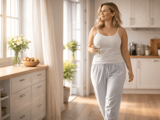 kvinna går i pyjamas i sitt kök