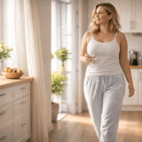 kvinna går i pyjamas i sitt kök