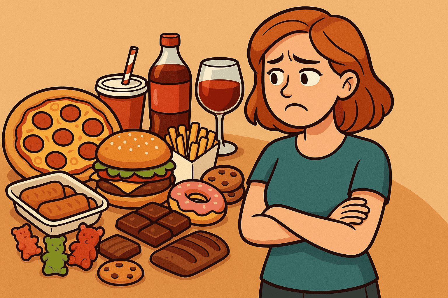 kvinna som tittar på onyttig mat i en tecknad bild