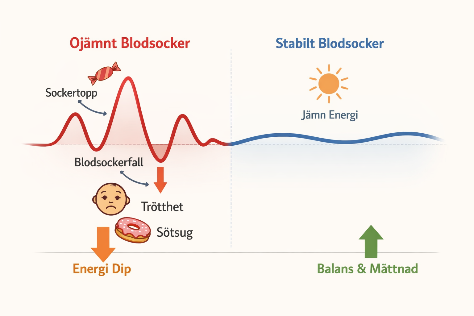 blodsockerskurva som är ojämn och jämn