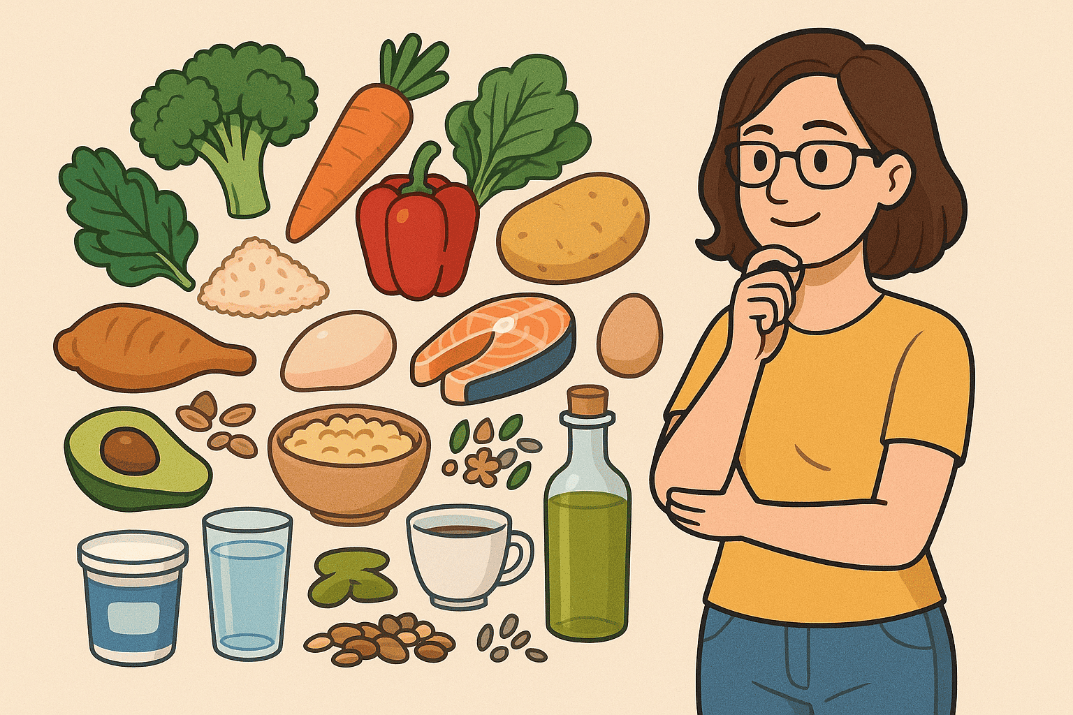 kvinna som tittar på nyttig mat i en tecknad bild