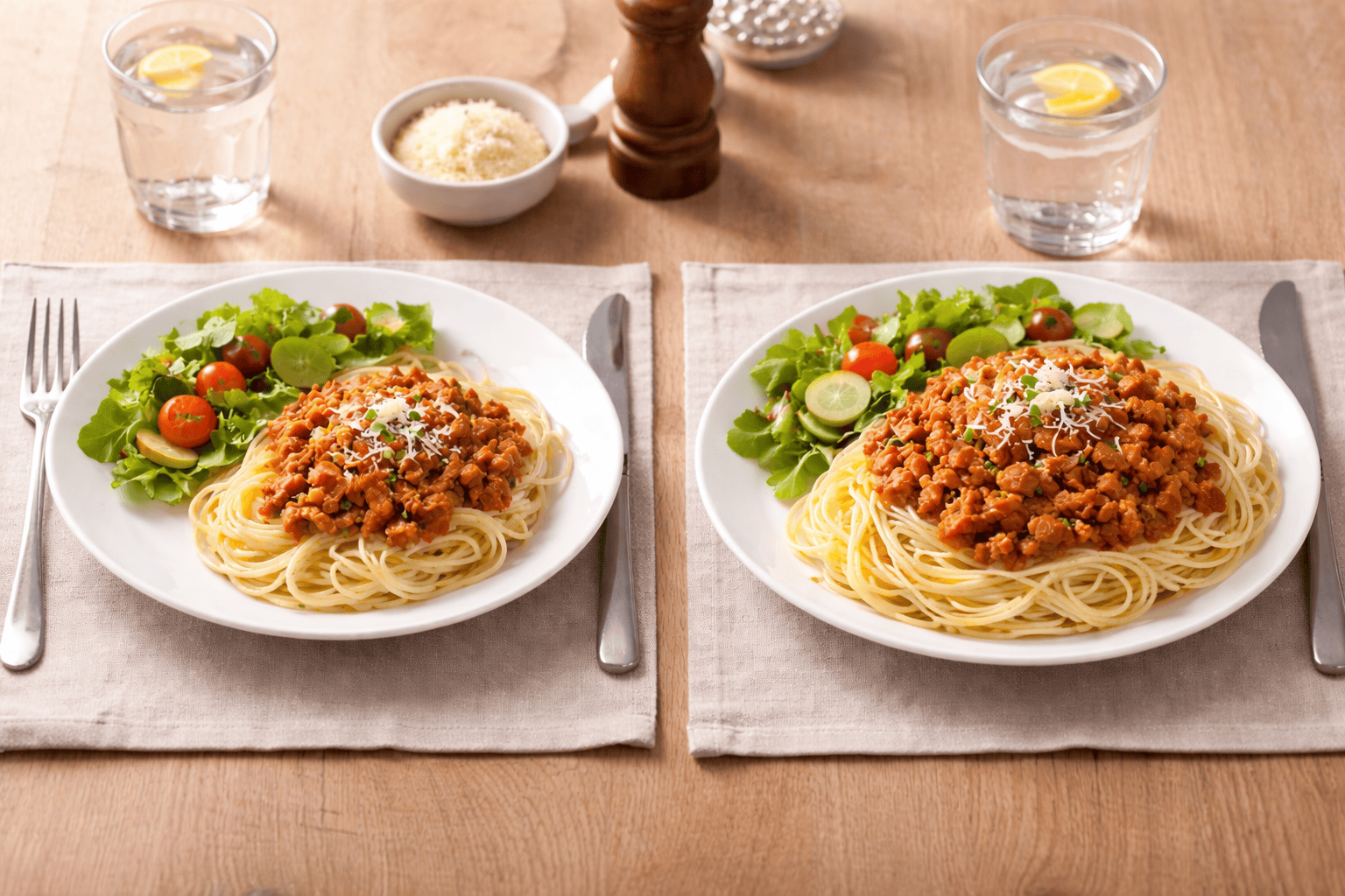2 tallrikar med pasta, köttfärssås och sallad där 1 tallrik har mer mat än den andra.