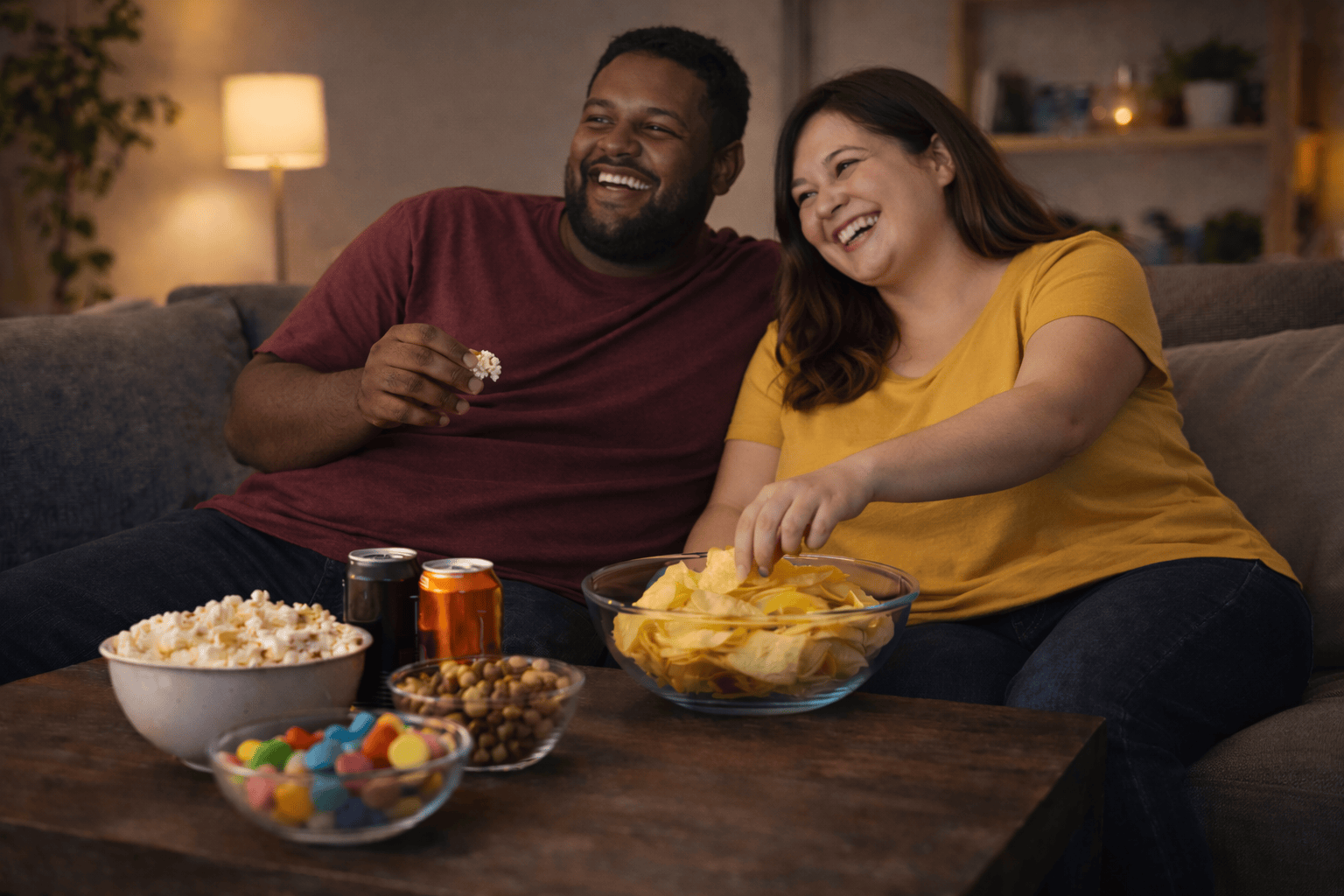 Ett par man & kvinna sitter i soffan och äter mycket snacks.