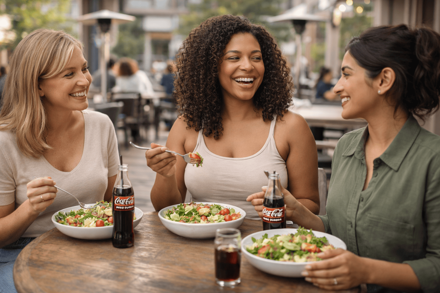 3 väninnor lunchar sallad och cola zero tillsammans