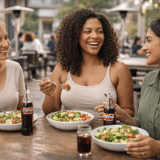 3 väninnor lunchar sallad och cola zero tillsammans