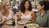 3 väninnor lunchar sallad och cola zero tillsammans